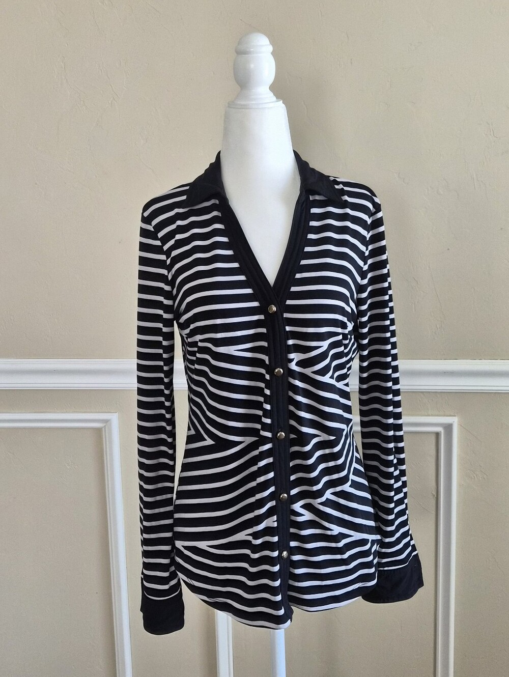 Cache Black and White Striped Button-Front Blouse Cardigan